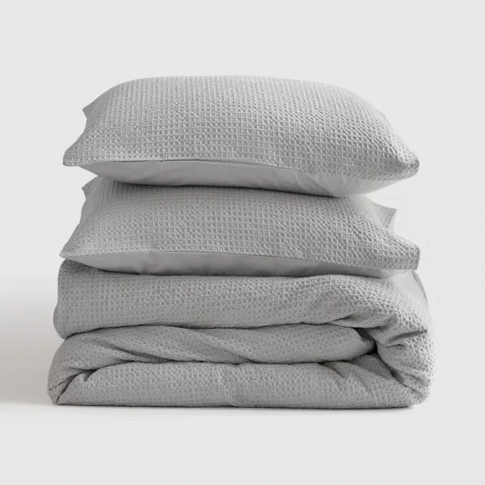 Quince Organic Luxe Honeycomb King Duvet Cover Set Light Grey NWT